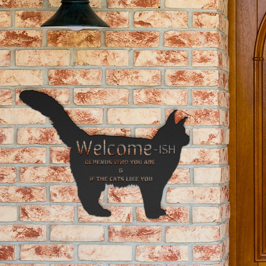 Greet with Grandeur: The Majestic Maine Coon Laser Cut Metal Welcome Sign for Cat Enthusiasts